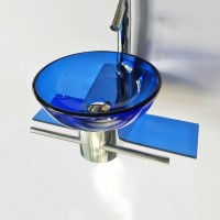 Blue glass wash basin designs glass vessel sink with stainless steel stand YX-C1906117